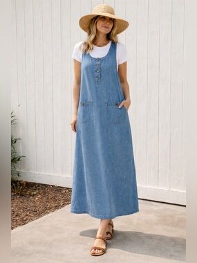 VTG Denim Maxi Jumper Dress Large Pinafore 90s Cottagecore Pockets